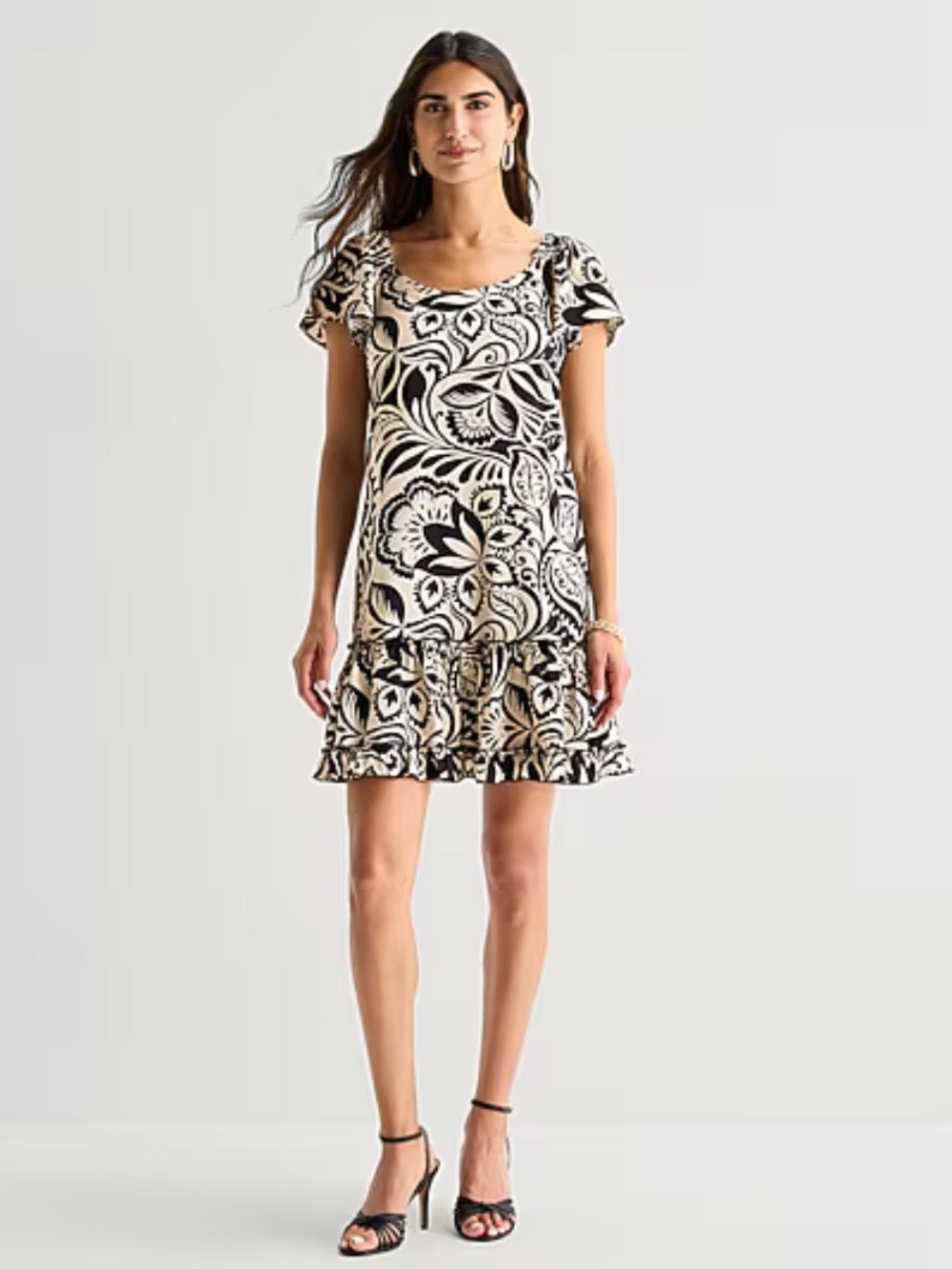 Black and Cream Floral Scoop-Neck Ruffle Dress